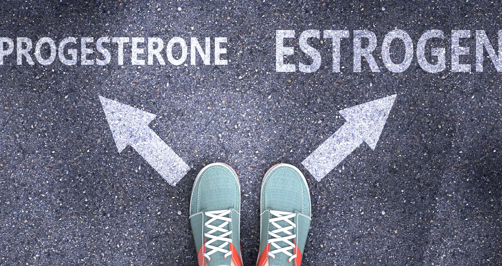 Feet in sneakers on a road, between two painted arrows pointing to the words progesterone and estrogen