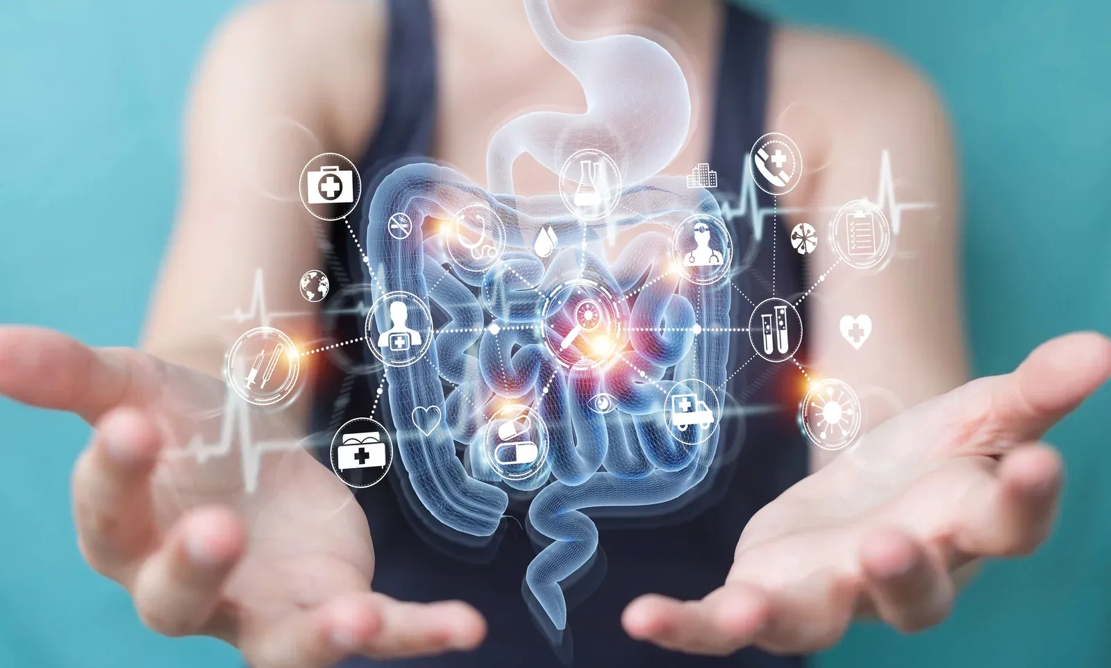 Two open hands cupped around a glowing illustration of the digestive system